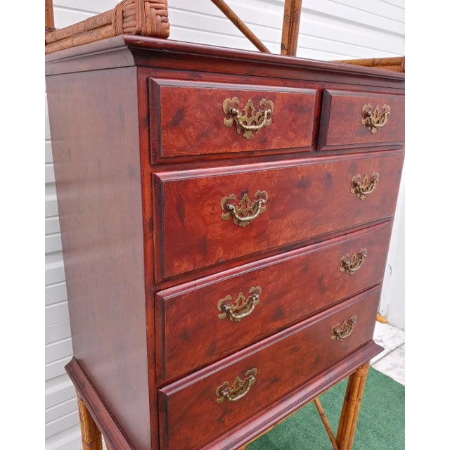 Vintage Bamboo Pagoda Top 5 Drawer Mahogany Chest of Drawers Dresser For Sale - Image 9 of 13