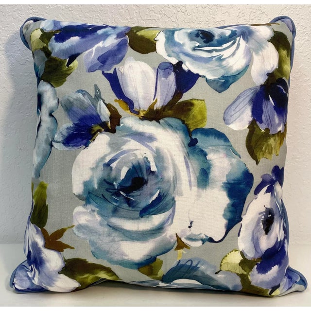 20” Square Pillow With a Modern White and Blue Rose Floral Print - Made in U K For Sale - Image 9 of 9