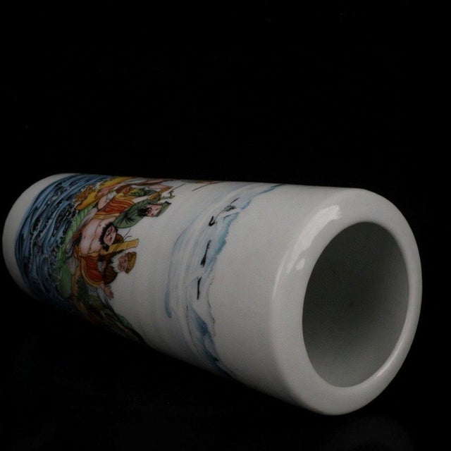 This is a beautiful and tall vintage Chinese Famille Rose porcelain Brush Pot (Bitong), decorated with the famous legend...