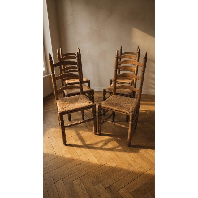 Vintage Wooden Ladder-Back Dining Chairs with Woven Seats, 1940s, Set of 6 For Sale - Image 11 of 11