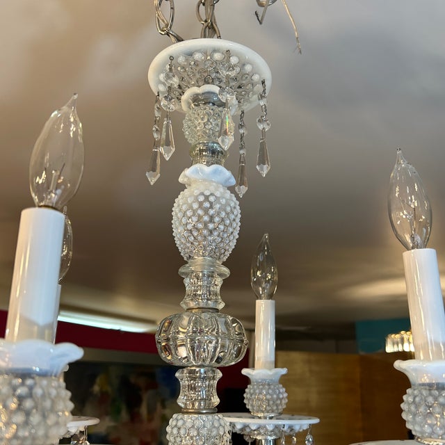 Transparent Crystal and White Glass Hobnail Chandelier For Sale - Image 8 of 11