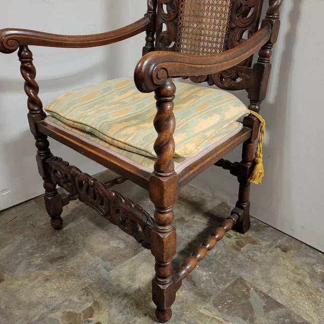 English Carved Walnut Barley Twist Throne Chair With Putti & Cane Back For Sale - Image 11 of 13