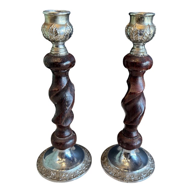 Pair of Vintage English Barley Twist Candlesticks For Sale