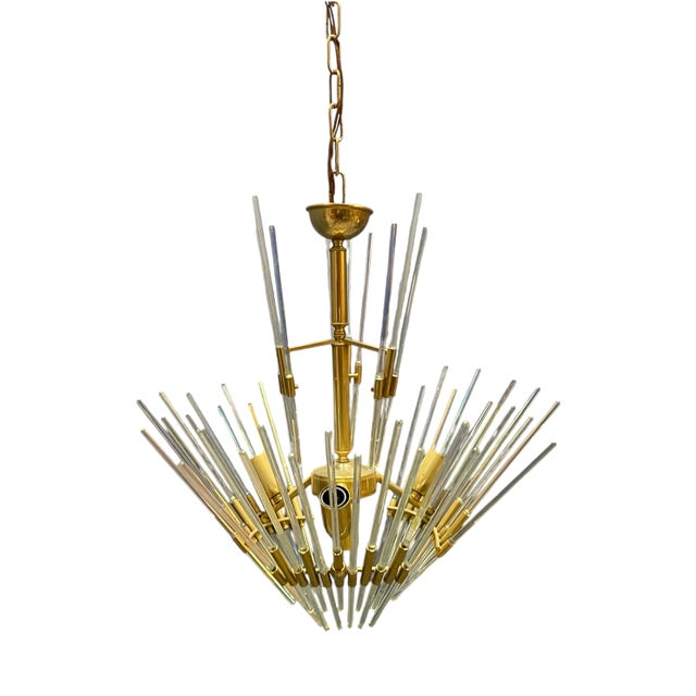 Murano Glass Rod Brass Chandelier by Gaetano Sciolari, Italy, 1970s For Sale
