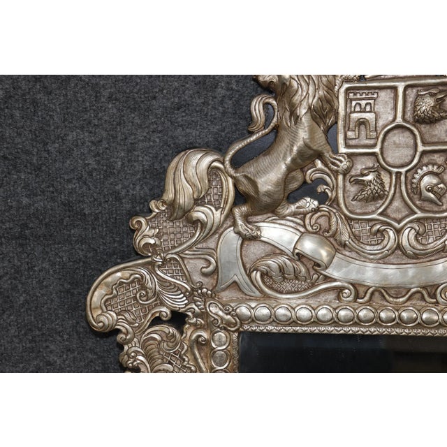 English Rare Familial Coat of Arms Nickel Plated Cladded Wooden English Mirror For Sale - Image 3 of 10