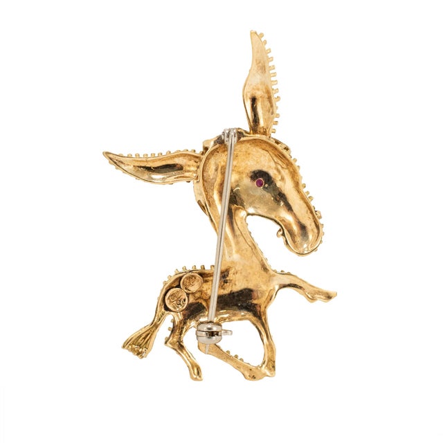 Metal Vintage 18k Yellow Gold Pink Sapphire Dual Textured Donkey Pin Brooch For Sale - Image 7 of 8