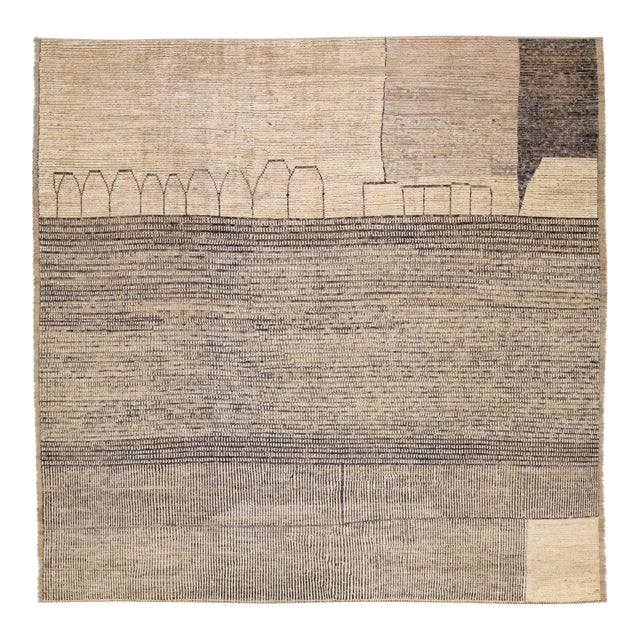 Modern Moroccan Bohemian Style Handmade Beige Square Wool Rug For Sale