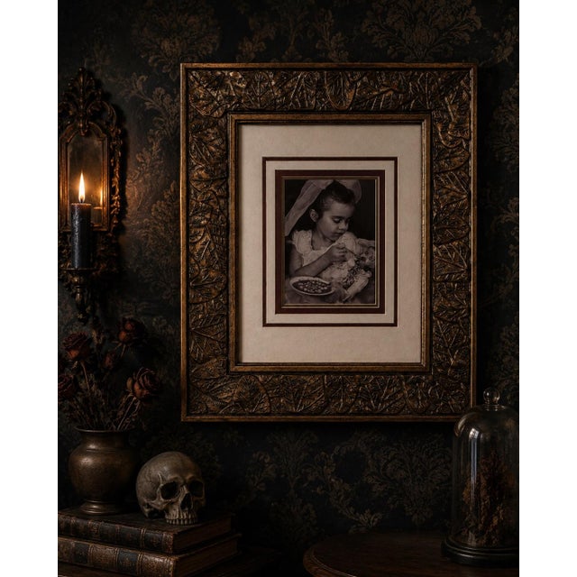 Framed Halloween Lenticular Hologram Portrait of Girl & Doll in Ornate Gold Leaf Frame For Sale In Houston - Image 6 of 6