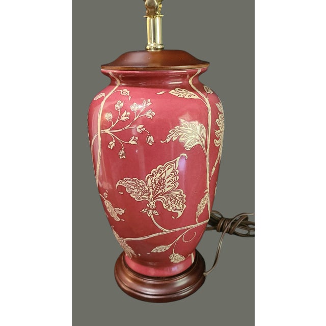 Ceramic Vintage Asian Inspired Painted Chrysanthemum Floral Red Table Lamp For Sale - Image 7 of 10