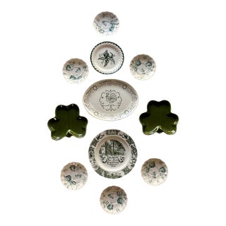 Mid-Century Green & White Transferware Wall Plate Curation - Set of 11 For Sale
