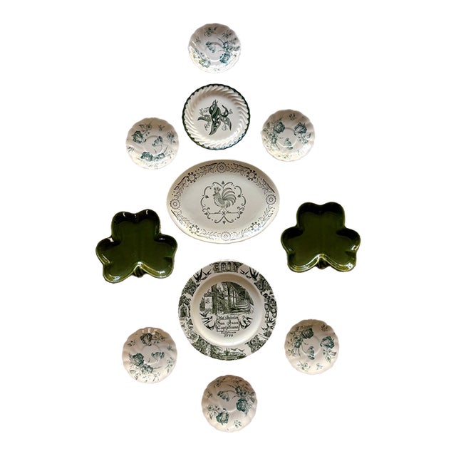 Mid-Century Green & White Transferware Wall Plate Curation - Set of 11 For Sale