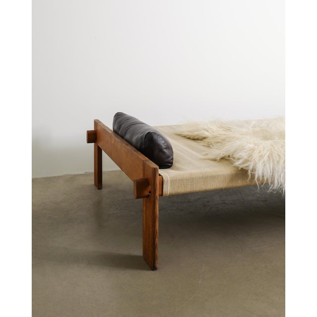 Low Mid-Century Danish Wood, Canvas, Leather and Sheepskin Daybed by Tage Poulsen, 1950s For Sale - Image 6 of 9