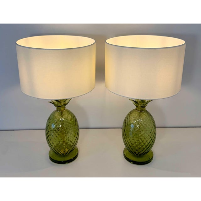 Italian Art Deco Pineapple Murano Glass Lamps with Lampshades, 2000s, Set of 2 For Sale - Image 3 of 17