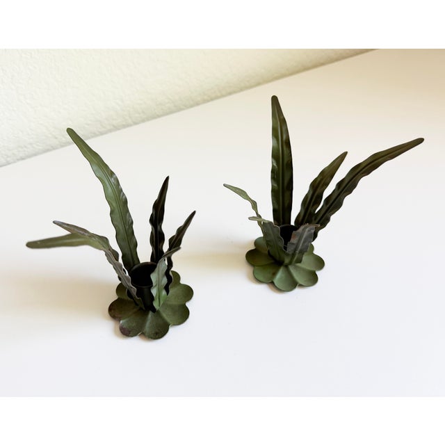 Green Italian Tole Leaf Candle Holders, a Pair, 1960s For Sale - Image 8 of 10
