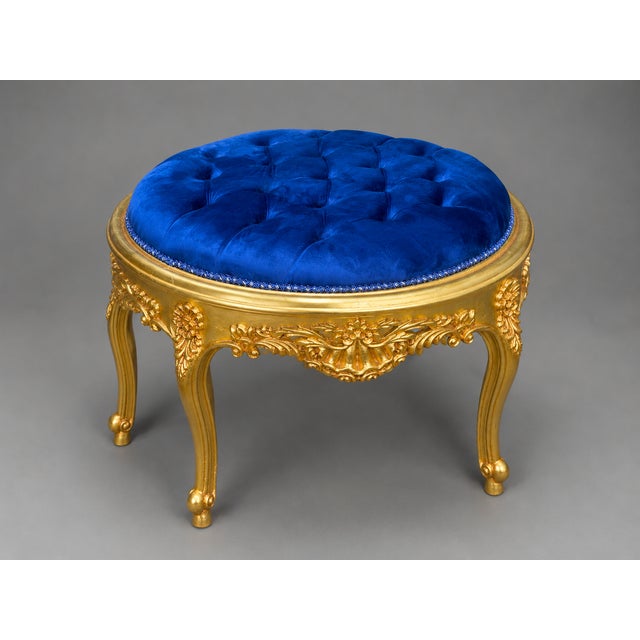 Wood 1980s Italian Rococo Gold Beech Blue Velvet Bench - 1 Pc For Sale - Image 7 of 12