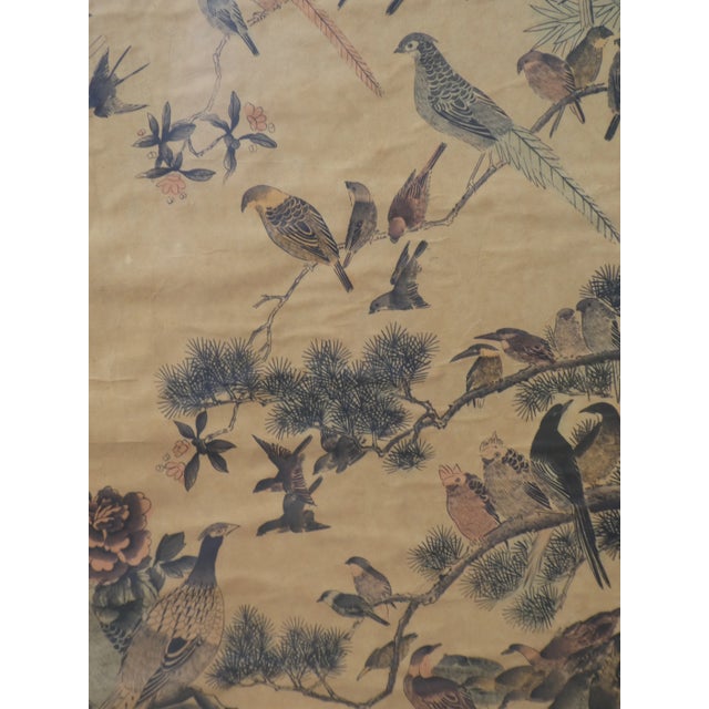 Antique Oriental Birds and Flowers Scroll Painting For Sale In Miami - Image 6 of 9