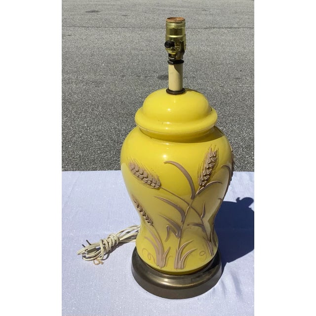 Mid-Century Modern 1970s Mid-Century Yellow Ceramic Lamp With Floral Design For Sale - Image 3 of 6