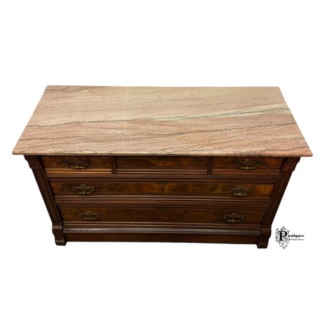 Antique Eastlake Style Walnut & Burl Wood Travertine Marble Top Chest of Drawers For Sale In Greensboro - Image 6 of 12