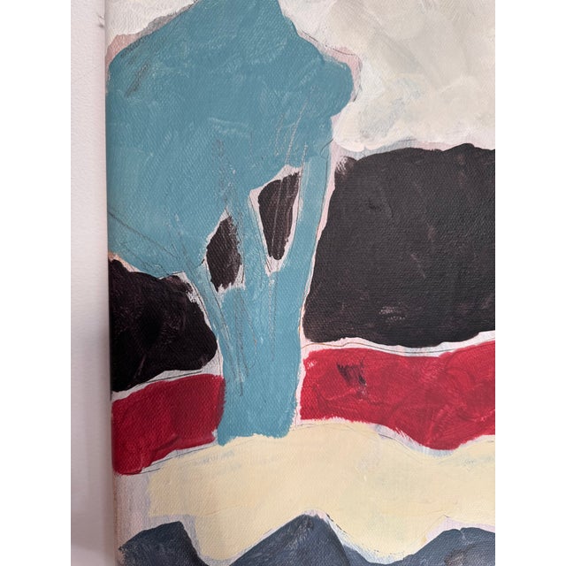 Contemporary Original Abstract Tree Landscape Acrylic Painting, Red and Blue Modern Wall Art, Minimalist Nature Canvas, Contemporary Countryside Home Decor For Sale - Image 3 of 5