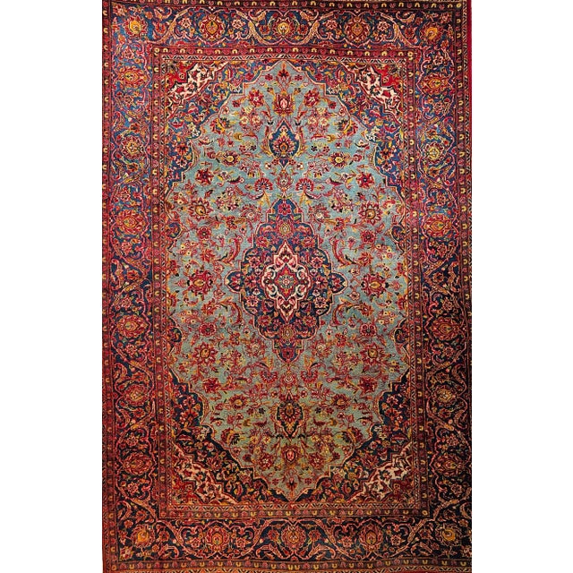 Early 20th Century Early 20th Century Persian Kashan Rug, Handwoven Floral Pattern, Turquoise & Red, 6’ X 9’ For Sale - Image 5 of 12