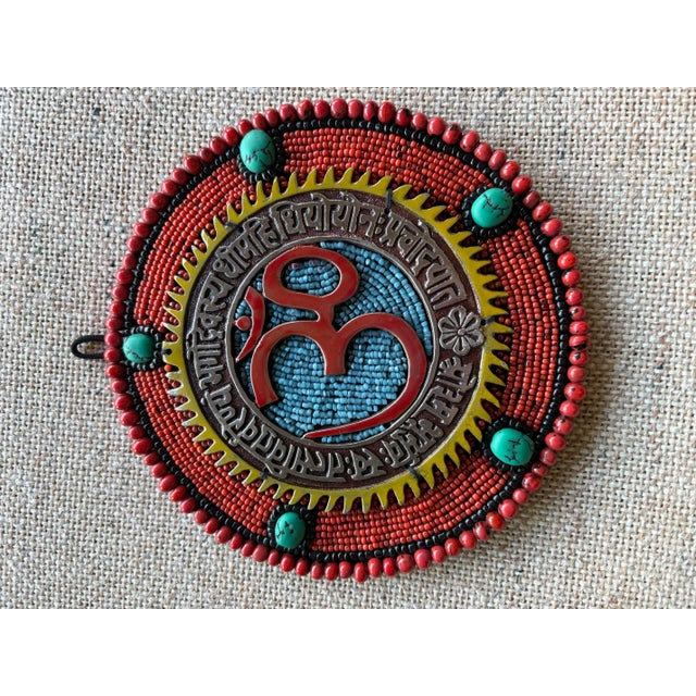 Handcrafted Beaded Om Wall Hanging Plaque. Metal & Turquoise, Jasper. India For Sale - Image 9 of 12