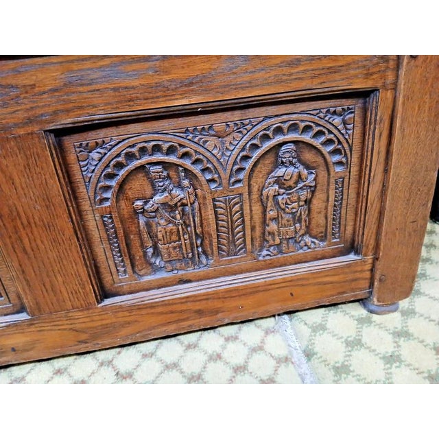 Antique 19th Century Victorian Carved Oak Settle For Sale - Image 9 of 11
