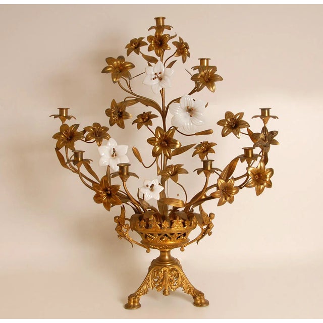 Antique French Candelabra Gold Bronze Brass Church Candelabra Opaline Glass Flowers For Sale - Image 9 of 11