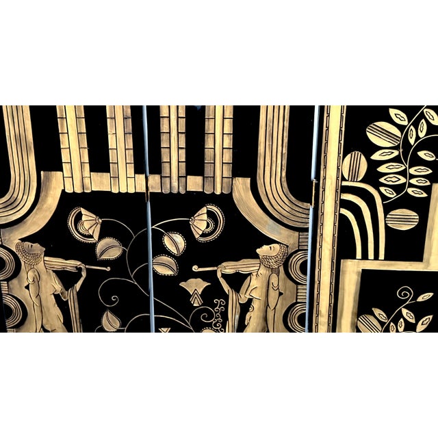 Art Deco 4-Panel Black Lacquer & Gilt Screen, Attributed to Paul Fehér, 20th C. For Sale - Image 11 of 14