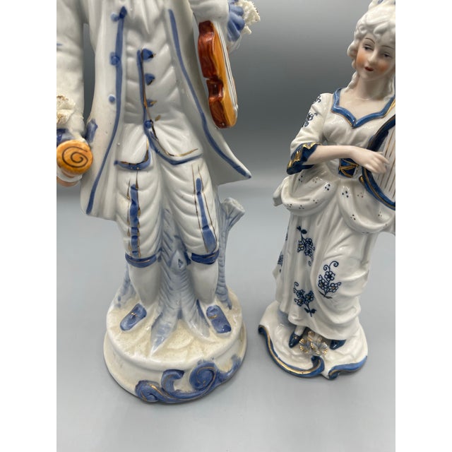 Mid 20th Century Vintage Italian Blue & White Porcelain Musical Figurines With Gold Accents, Pair For Sale - Image 5 of 8