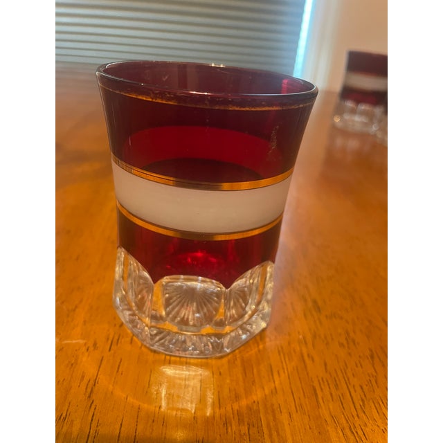 Glass Vintage Ruby Red Glass Pitcher & 6 Tumblers Set - White and Gold Banded Barware For Sale - Image 7 of 11