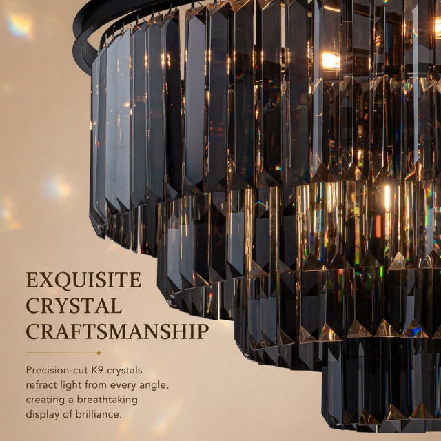 Aloadecor Modern Matte Black 4-Tier Round Fringe Chandelier With Smoke Crystal Accent For Sale - Image 4 of 7