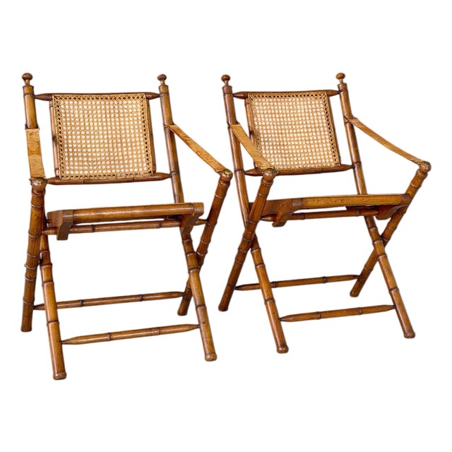 Mid-20th Century English Campaign Faux Bamboo Folding Sling Armchairs With Cane Seats – Pair For Sale