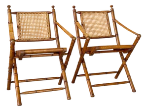Mid-20th Century English Campaign Faux Bamboo Folding Sling Armchairs With Cane Seats – Pair