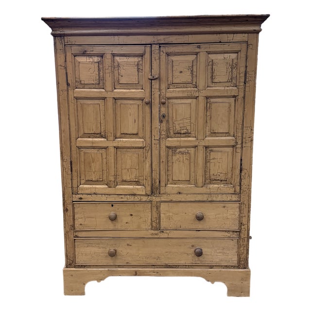 Antique 19th Century Irish Scrub Pine Two-Door Clothing Armoire With Three Drawers For Sale