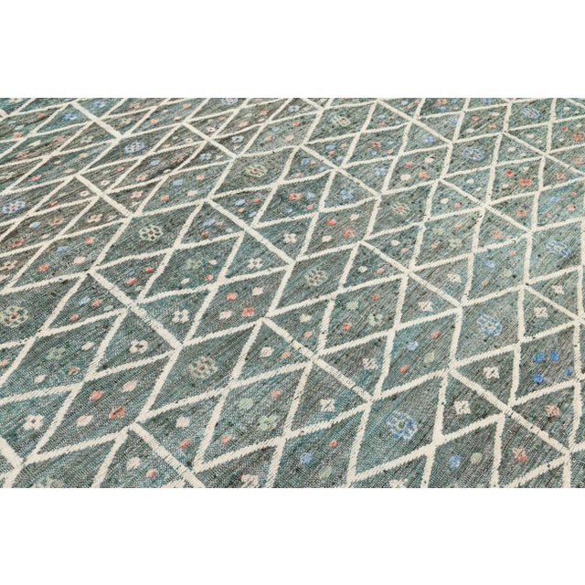 Modern Moroccan Style Geometric Rug – Hand-Knotted Teal & Charcoal Wool 9x12 For Sale - Image 11 of 11
