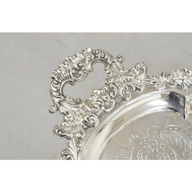 Antique Victorian English Sheffield Ornately Etched Oval Twin Handle Footed Serving Platter Bar Tray. Circa Mid 20th...