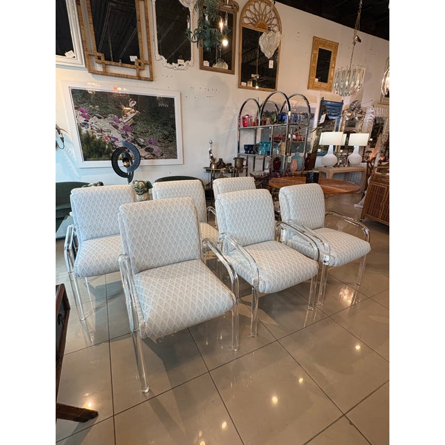1970s Vintage Set of 6 Lucite Arm Dining Chairs by Preview Newly Upholstered Coastal For Sale - Image 5 of 12