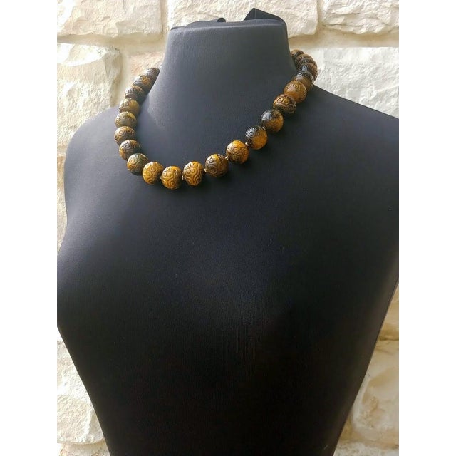Contemporary Vintage Carved Tiger's Eye Necklace, Large Carved Natural Tiger Eye Beads, Sterling Silver Gold-Plated Clasp, Statement Necklace For Sale - Image 3 of 9