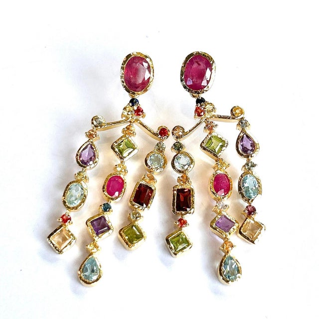 Bochic "Orient" Vintage Ruby & Multi gem Chandelier Earrings Set 18K Gold&Silver, A Pair For Sale - Image 17 of 18