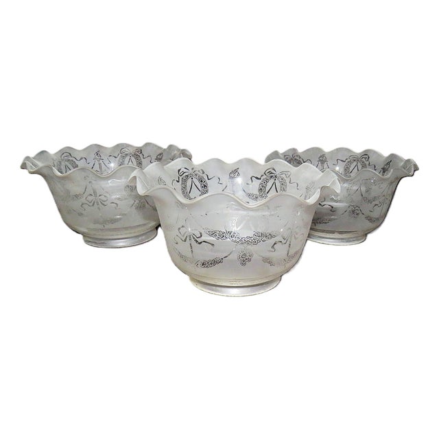 Late 19th Century Set of 3 Antique Gas or Oil Lamp Shades for Sconces or Chandelier Wreath & Torch 4" Fitter For Sale