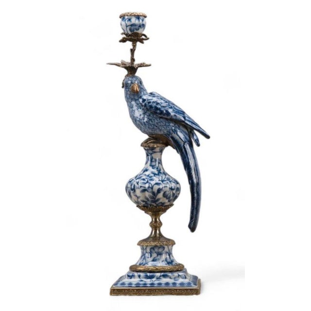 Blue Blue and White Porcelain Parrot Candle Holder With Bronze Ormolu Left and Right Drama For Sale - Image 8 of 8