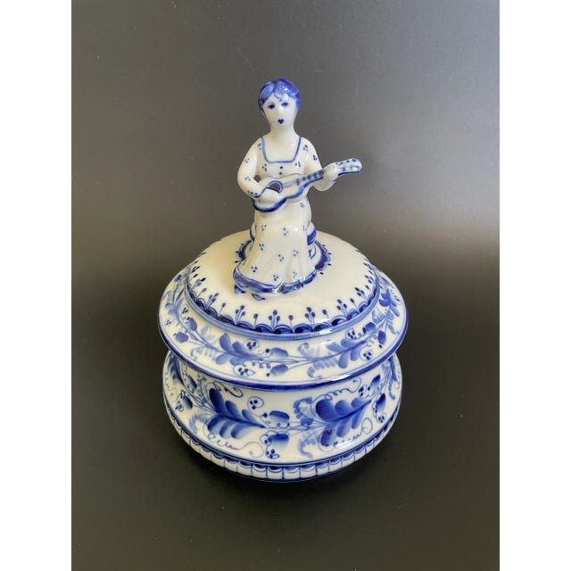 Vintage Gzhel Porcelain Lidded Trinket Box With Woman Play Guitar Finial For Sale - Image 13 of 13