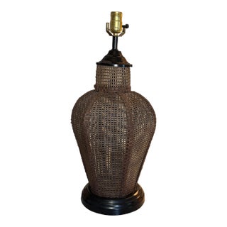 Large Vintage Handwoven Rattan and Cane Urn Form Table Lamp For Sale