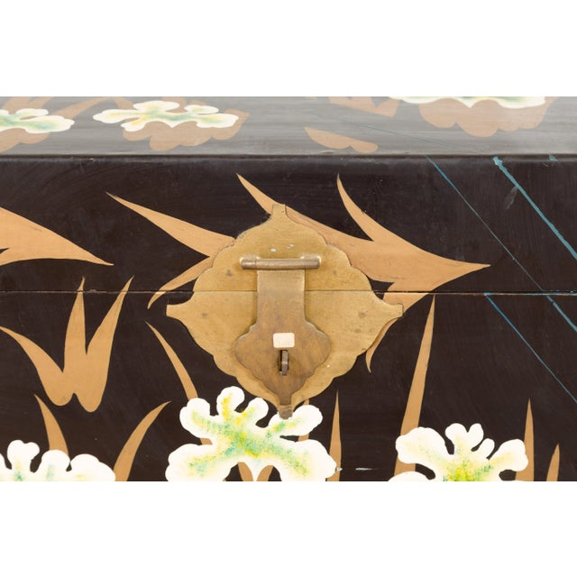 Japanese Late Meiji Period Black Lacquer Blanket Chest with Golden Painted Décor For Sale - Image 9 of 13