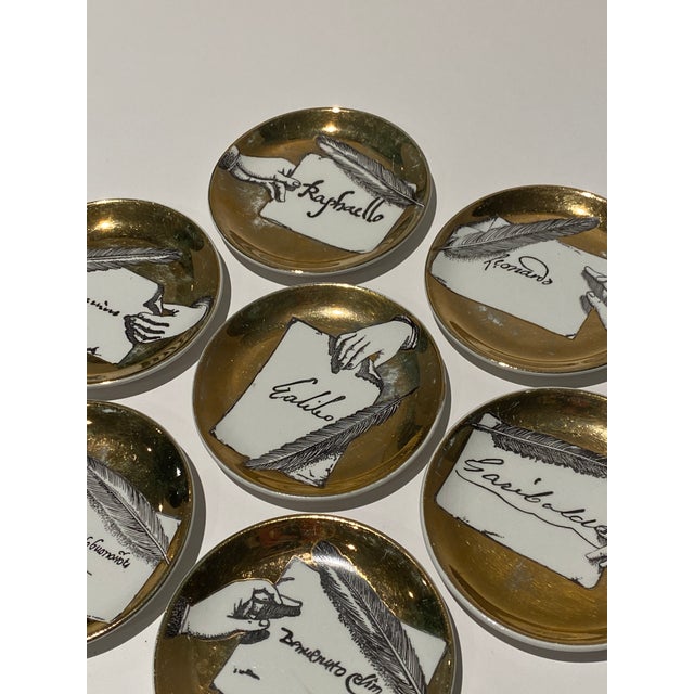 Ceramic Set of Seven Vintage Italian Gilt Porcelain “Autografi” Coasters by Piero Fornasetti For Sale - Image 7 of 12