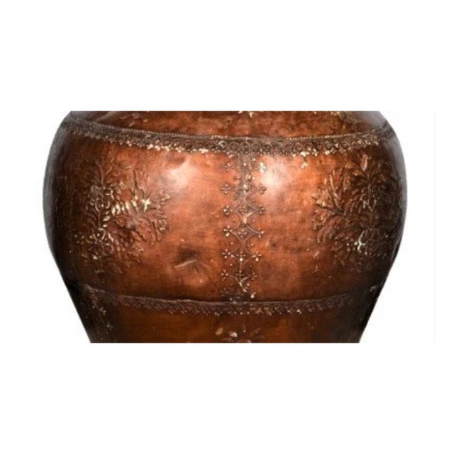 Far Pavilions Large 35" Tall Handcrafted Antique Copper Vessel With Lid | Embossed Floral Metal Floor Vase | Rustic Indian Royal Statement Home Decor For Sale - Image 4 of 6