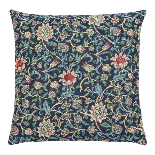 Morris Evenlode Blue Tapestry Cushion With Feather Filler - 46x46cm (18"x18") For Sale