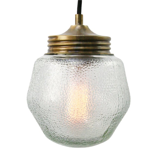 Vintage Industrial Frosted Glass & Brass Pendant Lamp For Sale