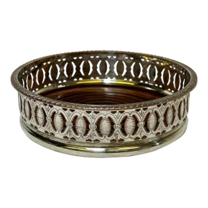 Antique Silver Plate Wine Coaster With Wooden Bottom and Ornate Cutout Patten Made in England - Circa 1910