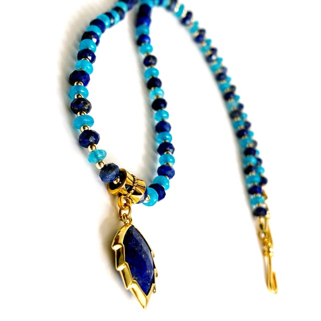 Artisan Handcrafted Lapis Lazuli Pendant Necklace in Blue Chalcedony and Golden Hematite For Sale - Image 9 of 15